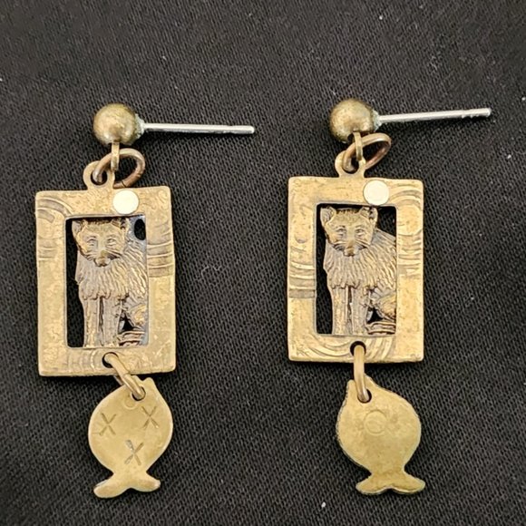 Vintage Brass/mixed metal Cat Pierced Earrings - Picture 1 of 4